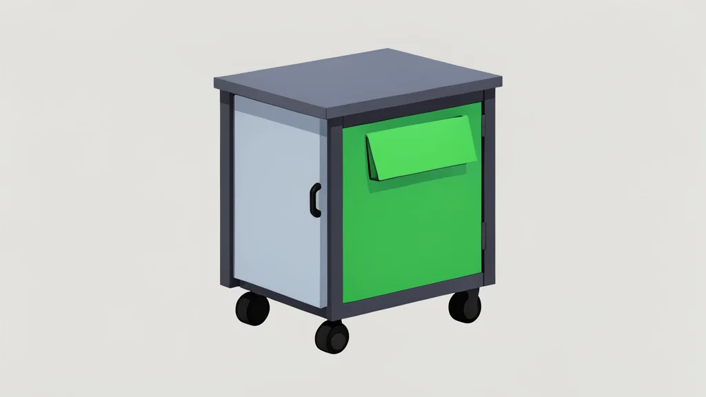 A minimalist wheeled side table with a sliding door and a green accent pocket