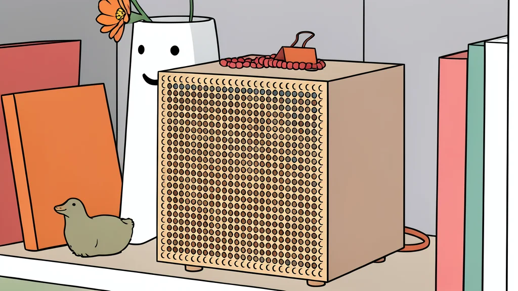 A boxy, rectangular speaker with a matte black finish sitting on a wooden surface