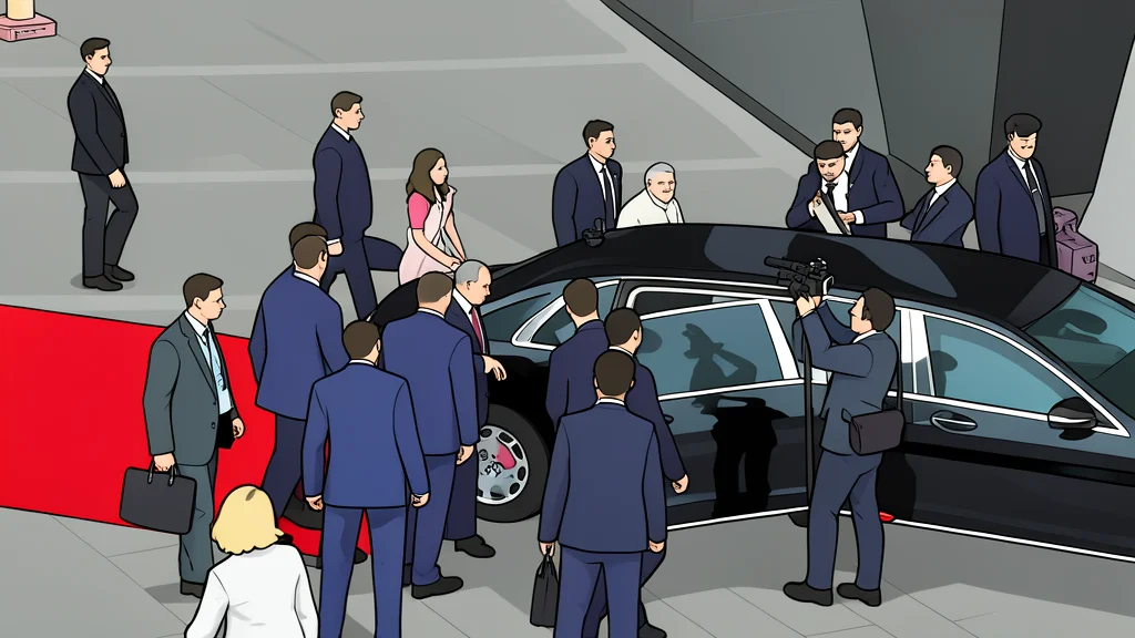 A black luxury sedan parked on a paved driveway in front of a large, modern convention center with glass walls and a curved roof.