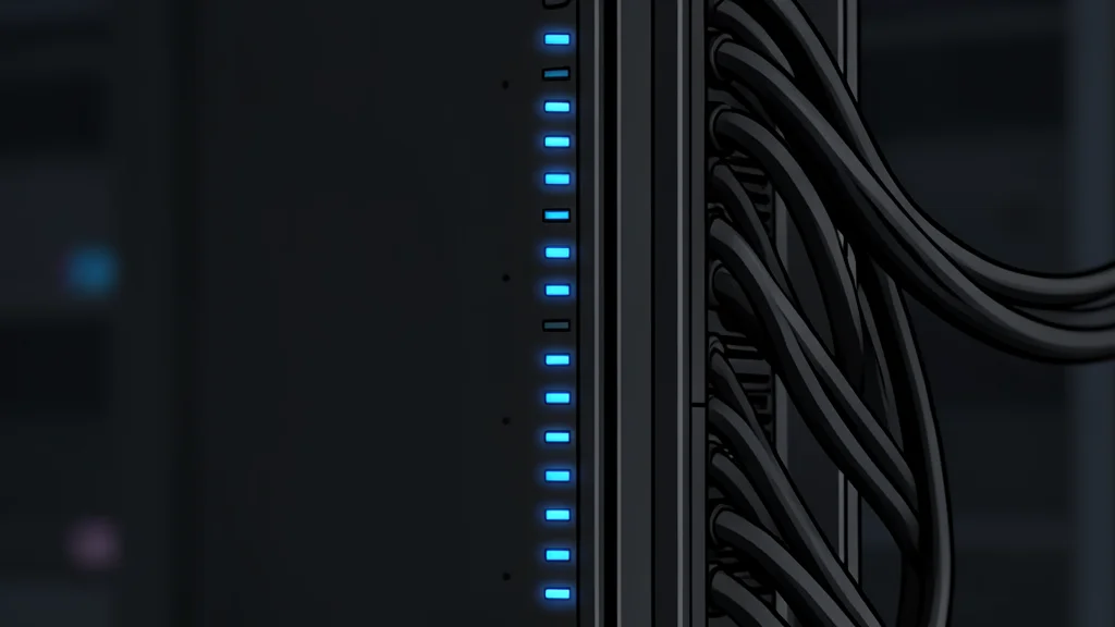 A vast server room with rows of black rectangular units and glowing blue status lights