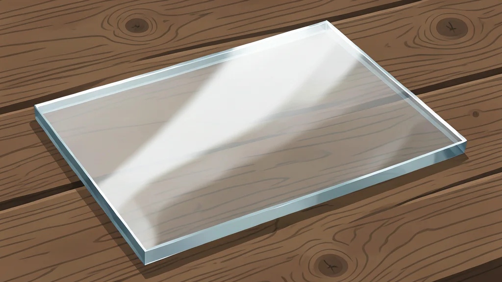 A stack of transparent glass-like rectangular slabs representing layers of code resting on a wooden desk next to a vintage mechanical keyboard.