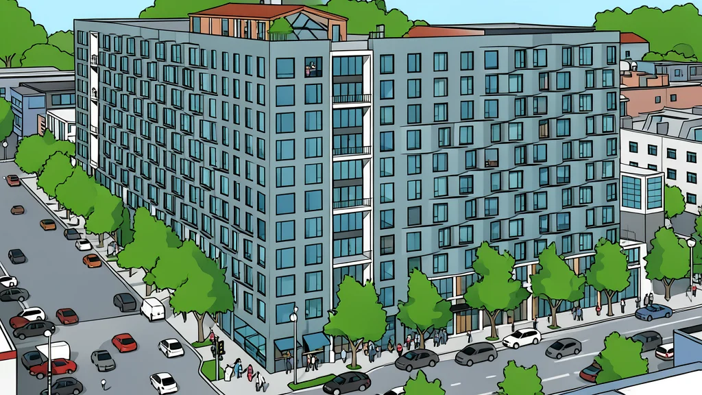 A cluster of modern high-rise residential buildings rising above a street level view of a city neighborhood