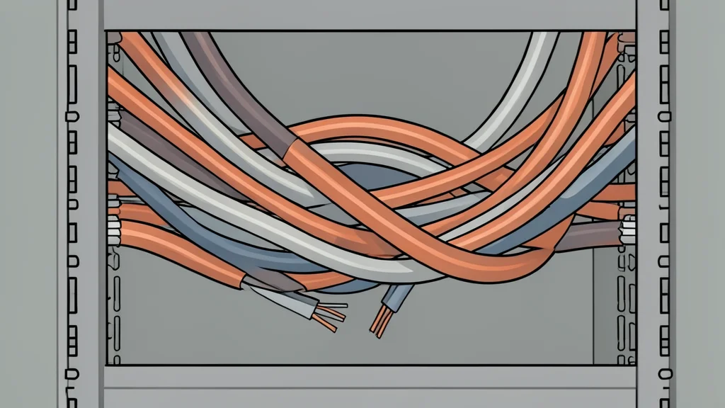 A tangled bundle of copper and fiber optic cables inside a server rack