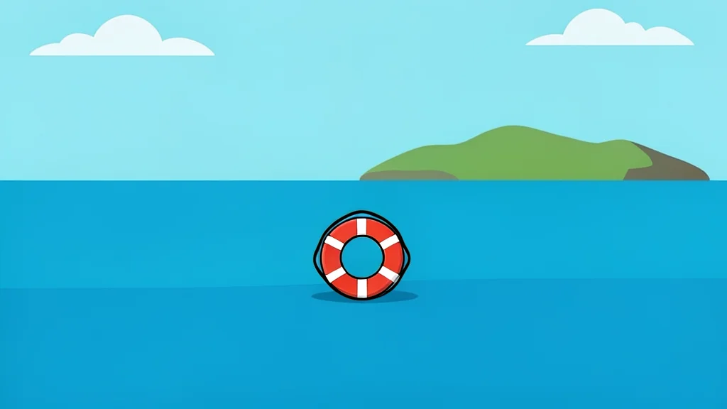 A calm stretch of tropical sea with a small island in the distance and a single lifebuoy floating on the surface