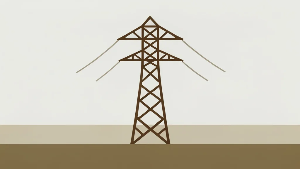 A high-voltage electricity transmission tower standing in a grassy field