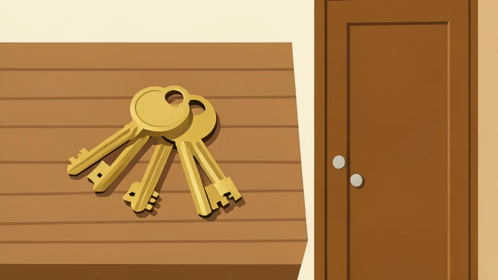 A set of brass house keys resting on a wooden table next to a closed door