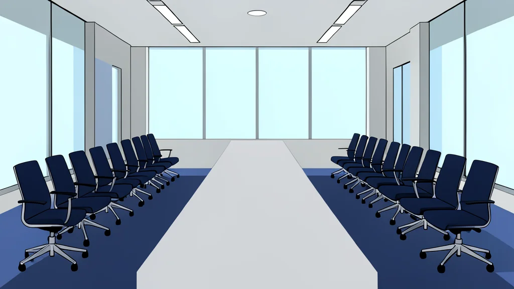 A modern diplomatic conference hall with rows of empty chairs and a long table