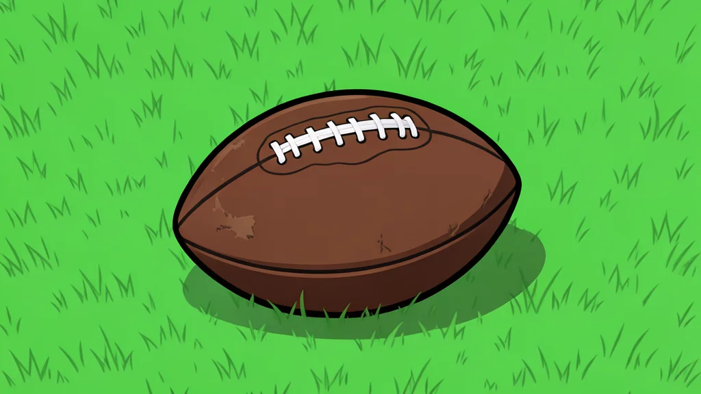 A worn leather football resting on green grass