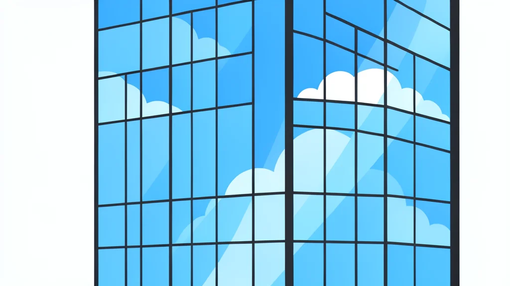 A modern glass office building facade reflecting the blue sky and clouds.