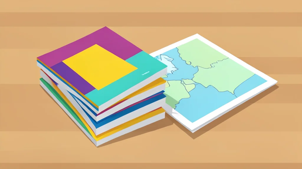 A neatly organized stack of travel brochures and a map on a wooden table
