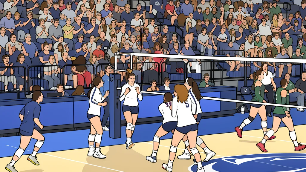 A white volleyball resting on a polished wooden gymnasium floor near a net post.