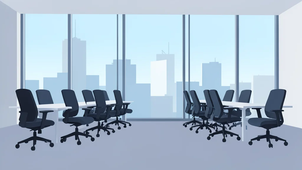 A row of empty office chairs in a modern, open-plan workspace with large windows overlooking a city skyline.