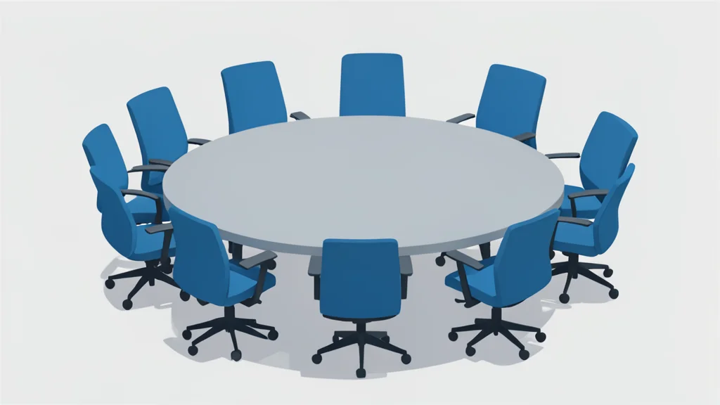 A large, round conference table with empty chairs arranged in a circle, symbolizing multilateral negotiation.