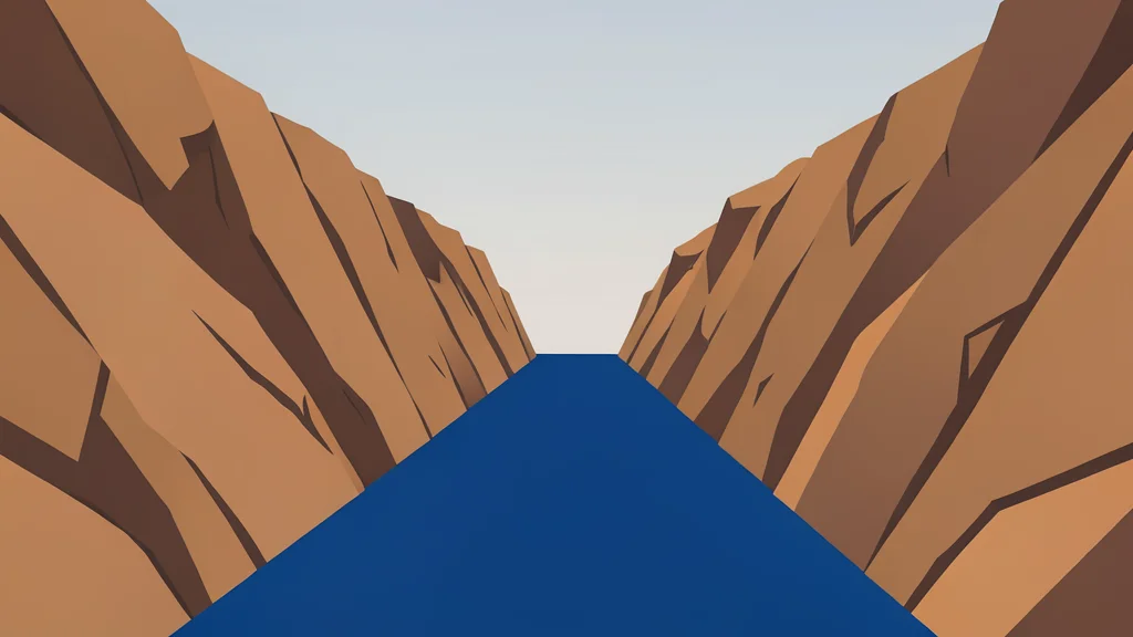 A narrow, deep blue waterway flanked by steep, arid rocky cliffs under a hazy sky