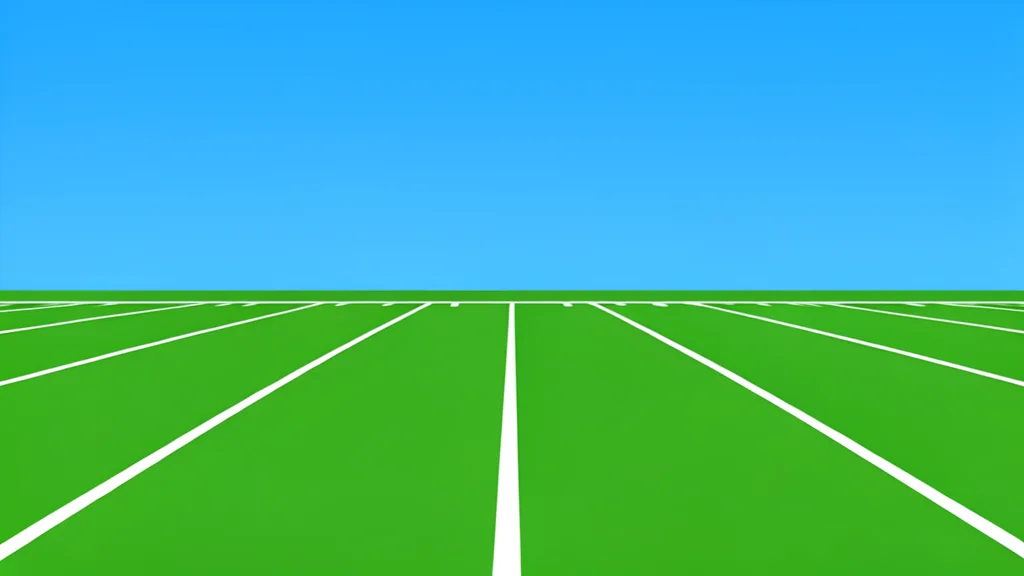 A grassy football field with white yard lines stretching into the distance under a clear sky