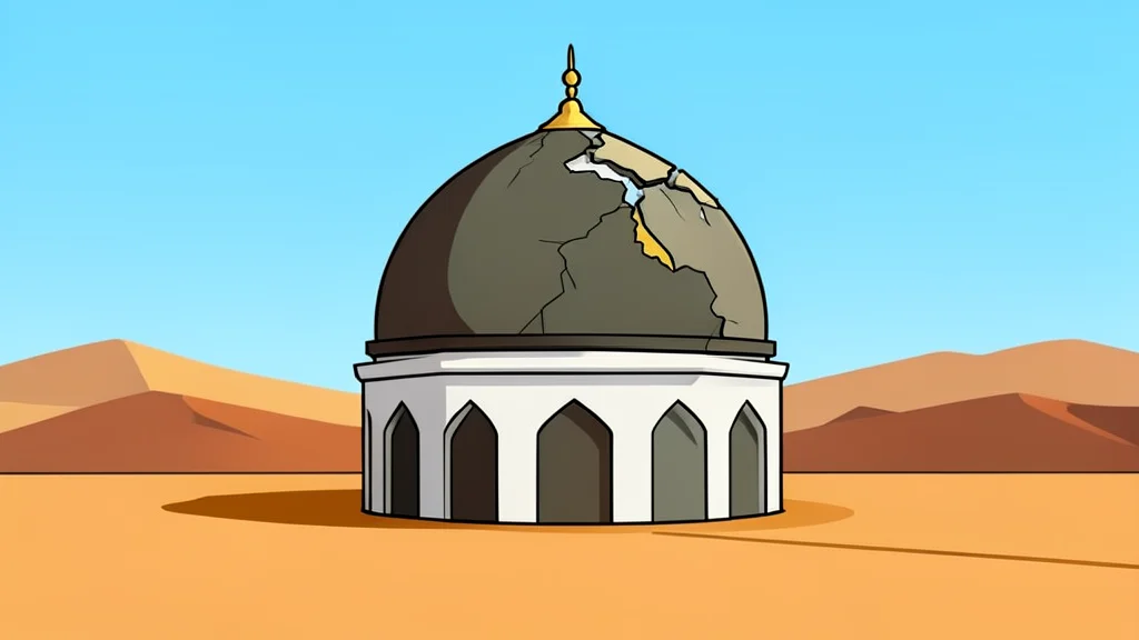A damaged dome of a mosque standing in a desert landscape with cracked masonry and sand dunes in the background.