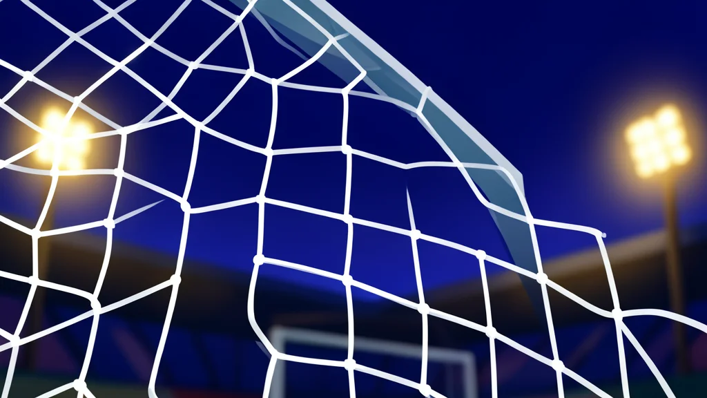 A green soccer ball resting on a grass pitch near a white goal net