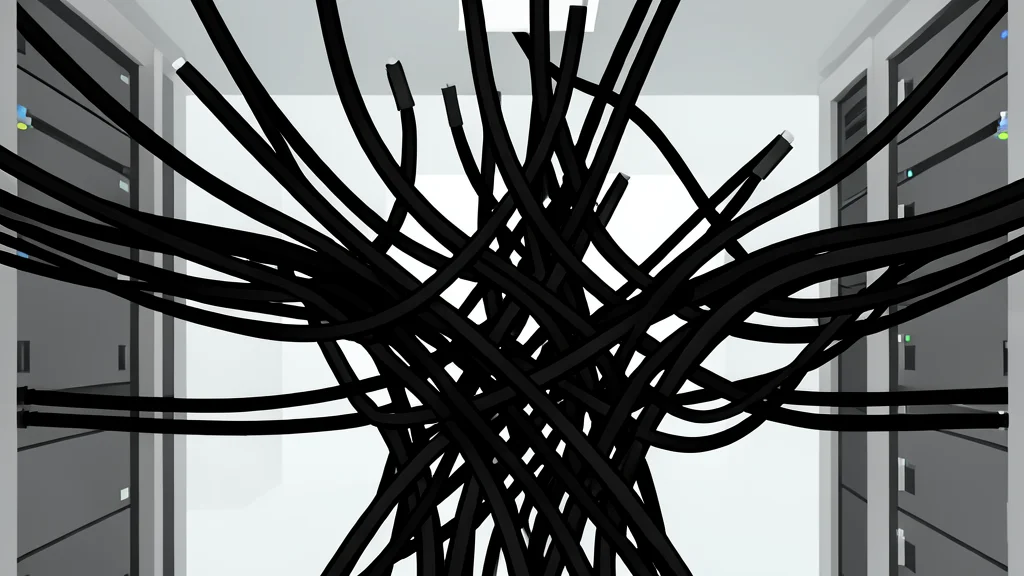 A dense cluster of black fiber optic cables bundled together in a server room