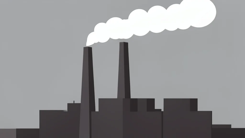 A large industrial coal-fired power plant with tall smokestacks emitting white steam against a grey sky