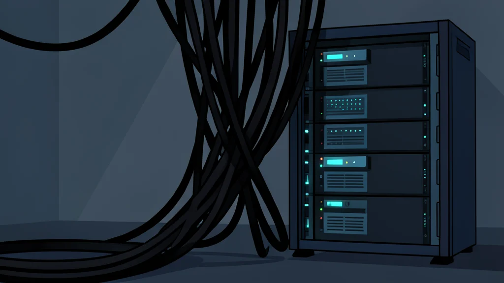 A cluster of dark, tangled cables and a glowing server rack in a dimly lit room