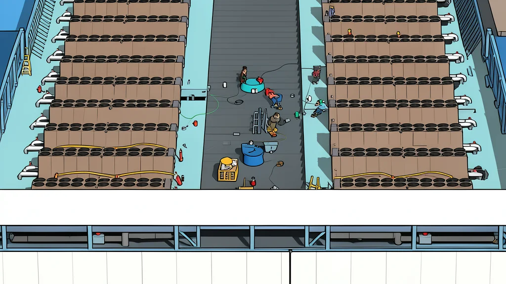 A modern server farm interior with rows of black cabinets and blinking status lights