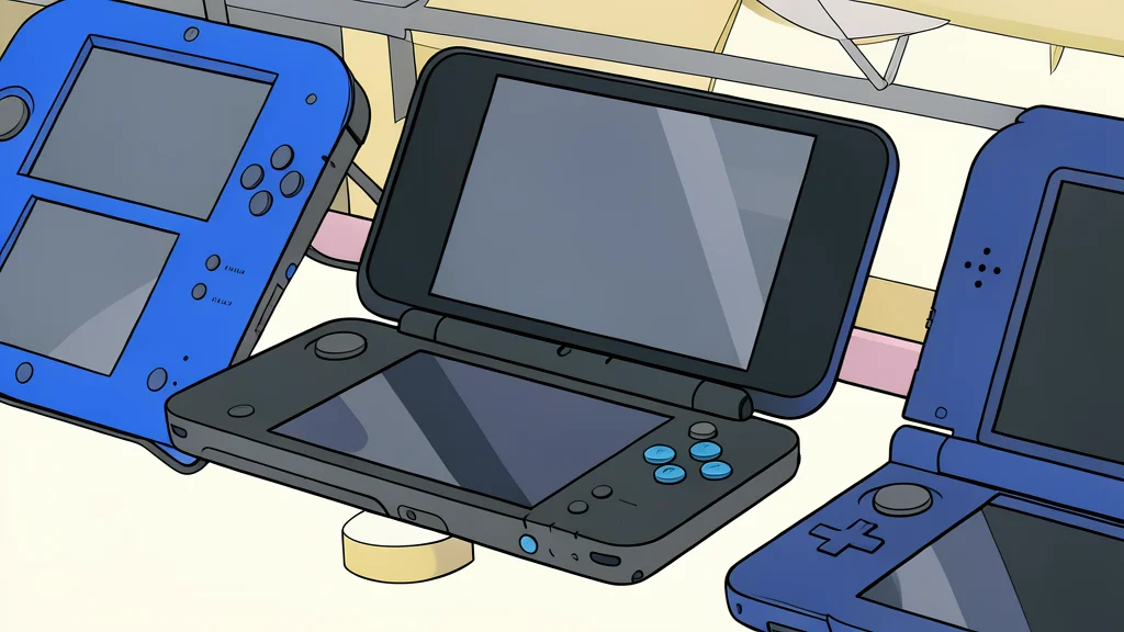 A small, clamshell-style handheld gaming device with a dual-screen design resting on a wooden surface next to a stack of colorful plastic game cartridges.