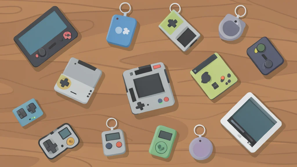 A collection of small, portable handheld gaming devices and keychain-sized electronic toys arranged on a wooden table.