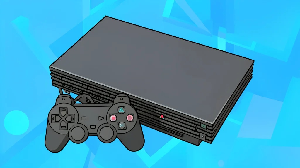 A vintage black video game controller with a central directional pad and four colored action buttons resting on a wooden surface