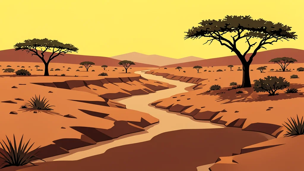 A rugged, arid landscape with dry riverbeds and scattered acacia trees under a harsh sun.