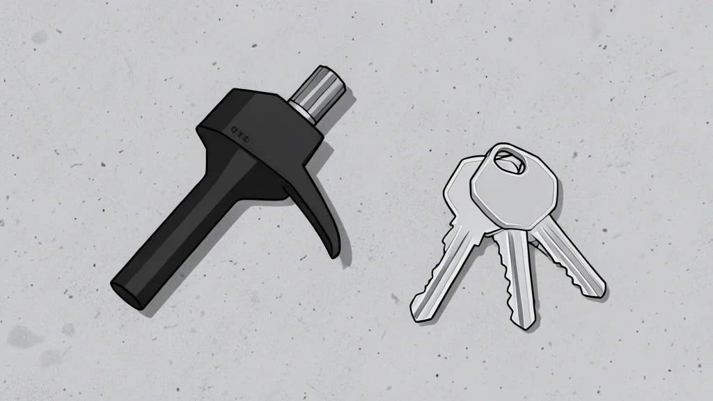 A fuel pump nozzle resting on a concrete surface next to a stack of residential house keys