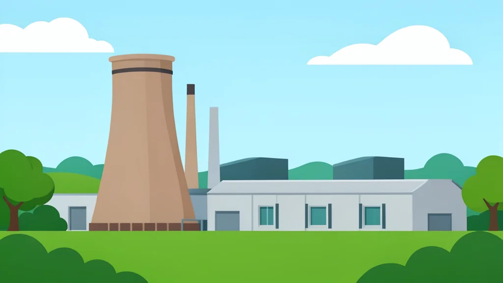 A large industrial natural gas power plant with cooling towers and turbine structures standing in a rural landscape