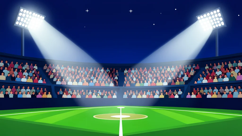 A baseball stadium at night with bright floodlights illuminating the green field and stands filled with spectators