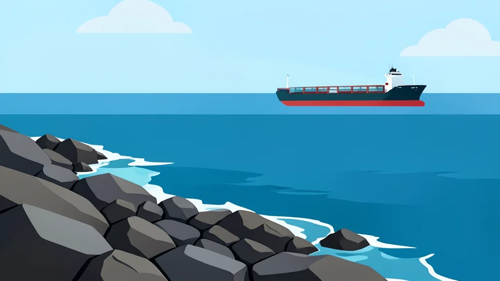 A rocky coastline meeting the sea with a large cargo ship in the distance