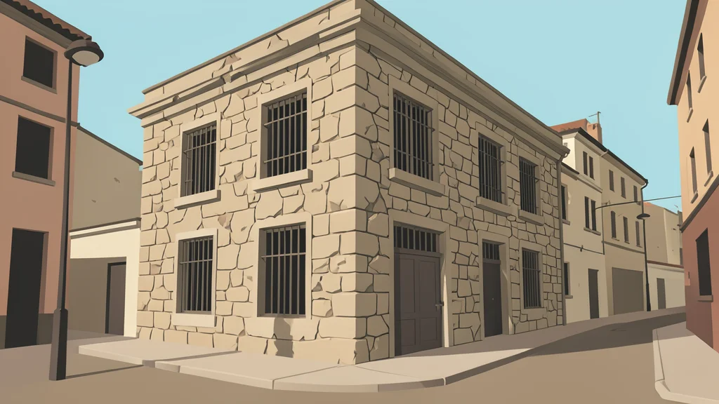 A weathered stone building with barred windows in a dusty urban street