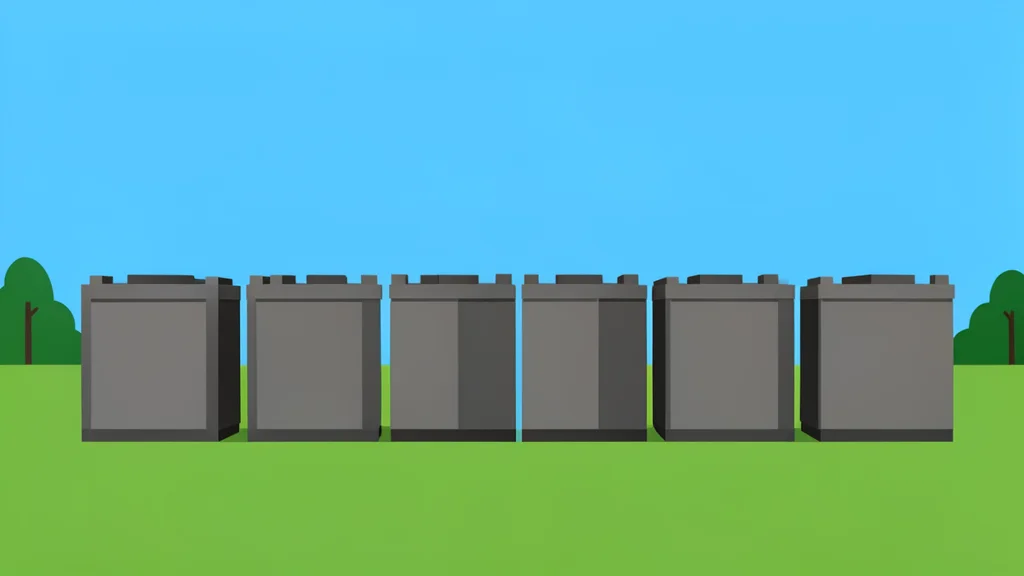 A row of large industrial battery units standing in an open field