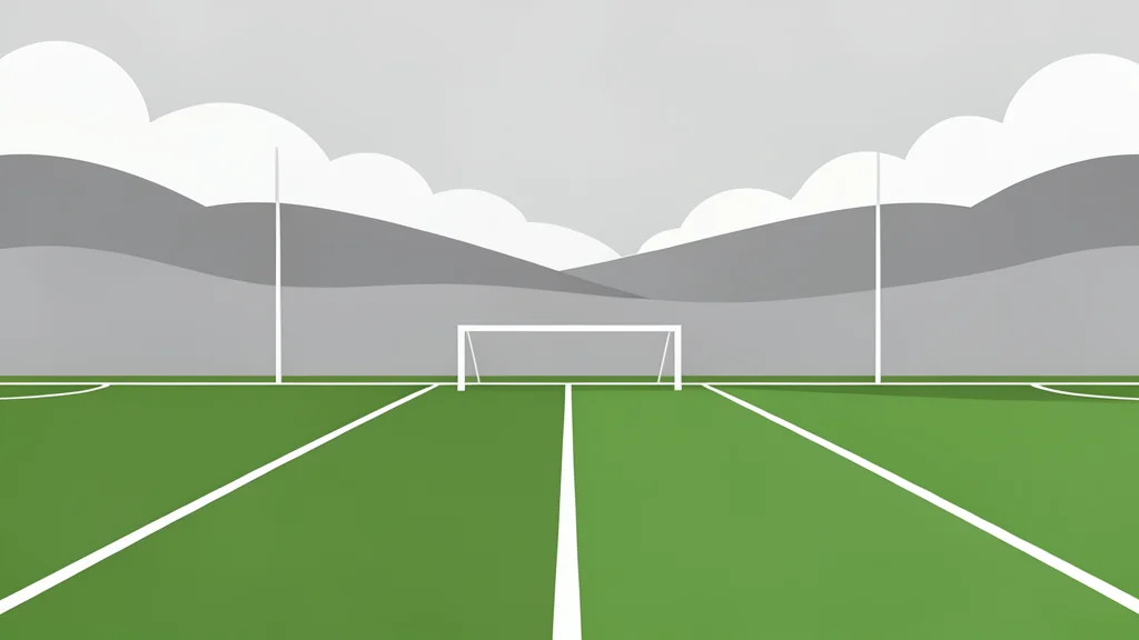 A wide shot of a grassy football field with white yard lines stretching toward tall goalposts under a heavy, cloudy sky.