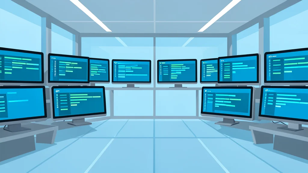 A modern glass trading floor with rows of computer monitors displaying scrolling data streams