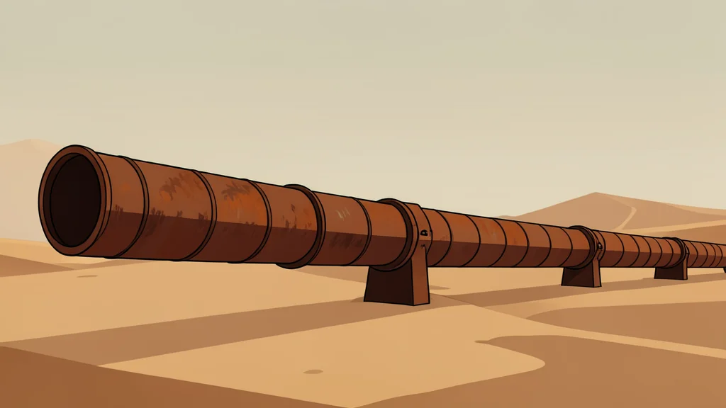 A long, rusted steel pipeline stretching across a dry, sandy desert landscape under a hazy sky.
