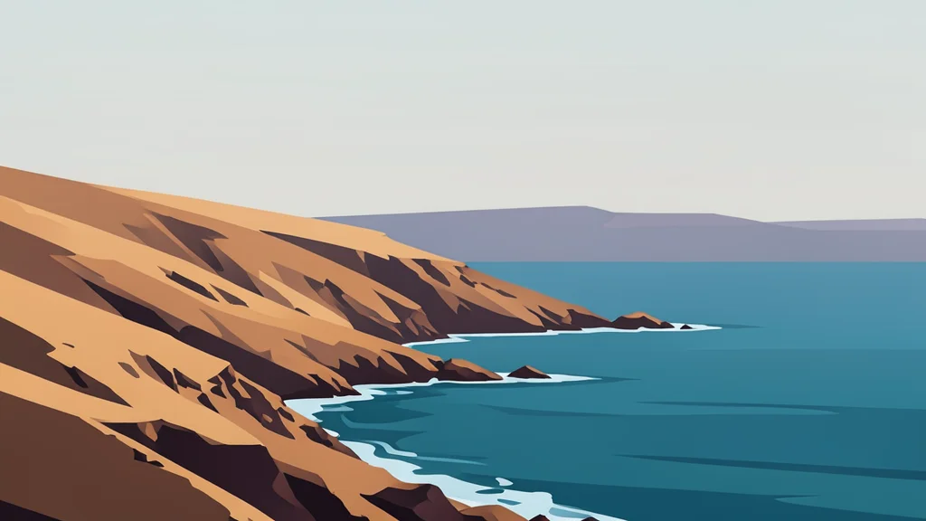 A rugged, arid coastline meeting the sea under a hazy sky