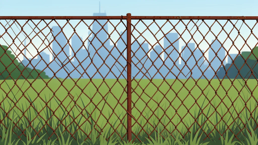 A large, empty grassy lot surrounded by a chain-link fence in a dense urban neighborhood