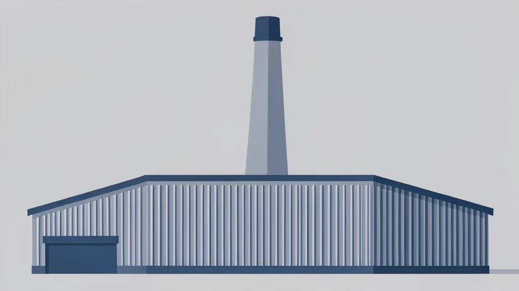 A large industrial factory building with a tall smokestack and metal siding