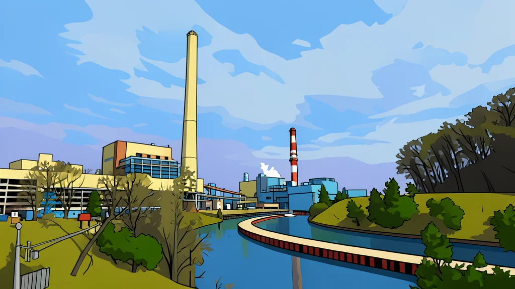 A large industrial coal-fired power plant with tall smokestacks standing against a grey sky