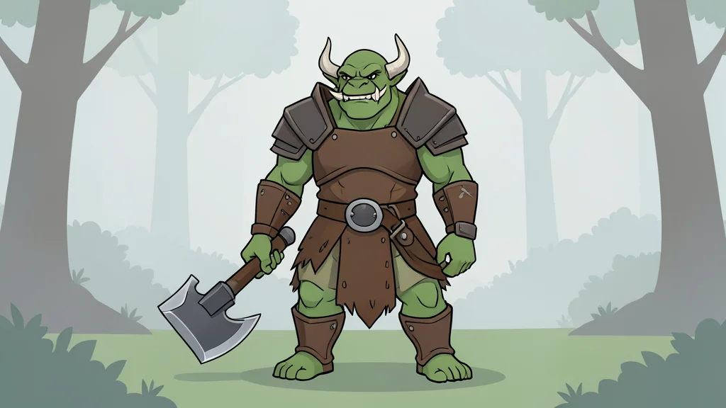 A stylized illustration of a fantasy orc warrior holding a large axe, standing in a misty forest clearing.