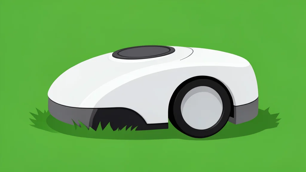 A small, autonomous robotic device with wheels and a cutting deck moving across a patch of green grass