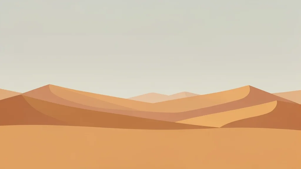 A vast, arid desert landscape with rolling sand dunes under a hazy sky.