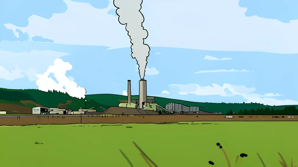 A large industrial coal-fired power plant with tall smokestacks standing against a grey sky
