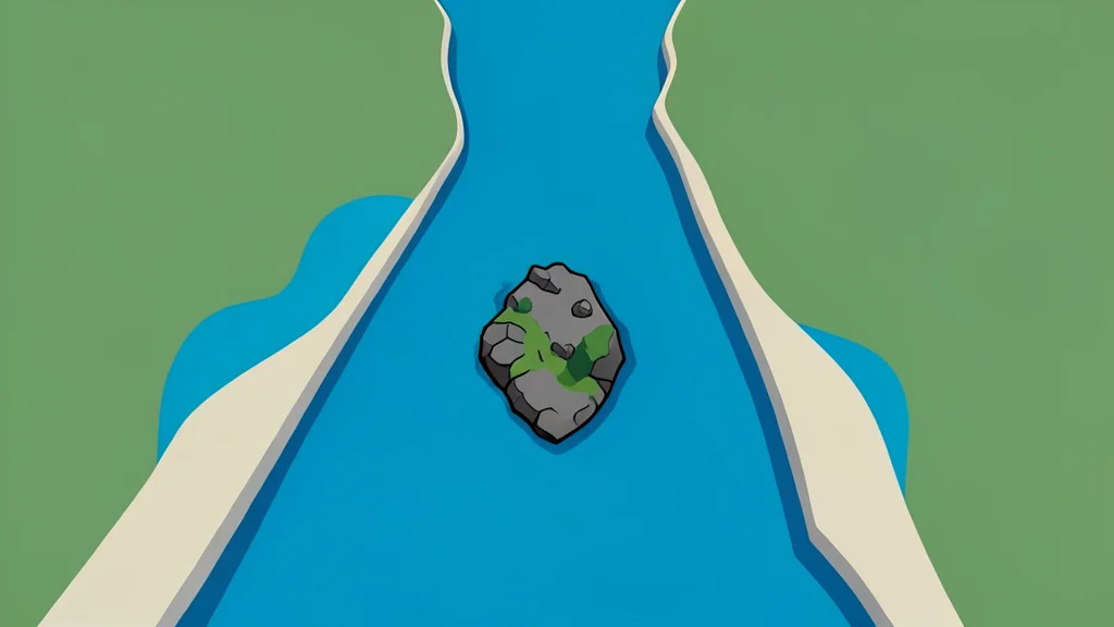A narrow, deep water channel connecting two large bodies of water, with a small, rocky island situated in the middle of the passage.
