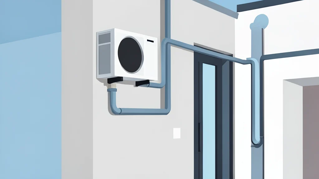 A modern residential building exterior with a compact outdoor unit mounted on the wall, connected by insulated pipes to the interior structure.