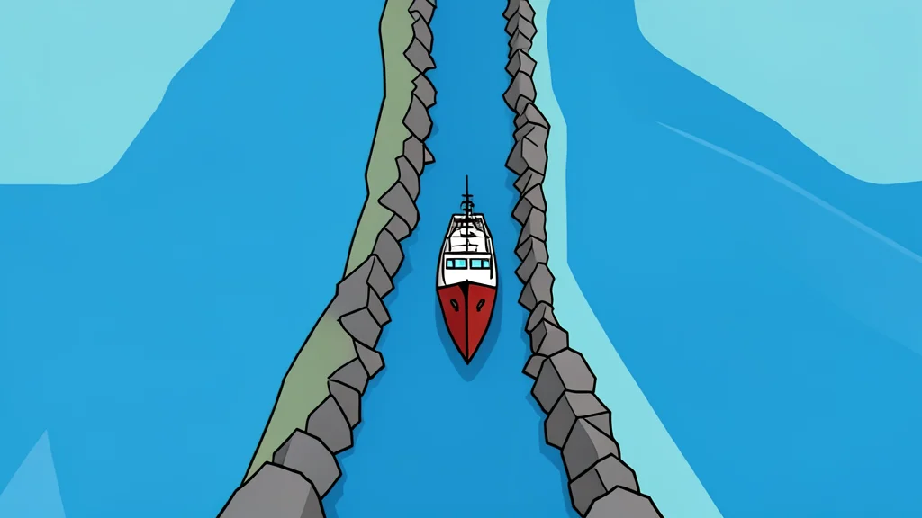 A flat-vector illustration of a narrow rocky strait connecting two bodies of water with a ship passing through.