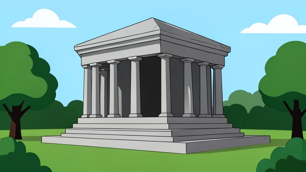 A large stone mausoleum standing alone in a quiet cemetery setting with trees in the background.